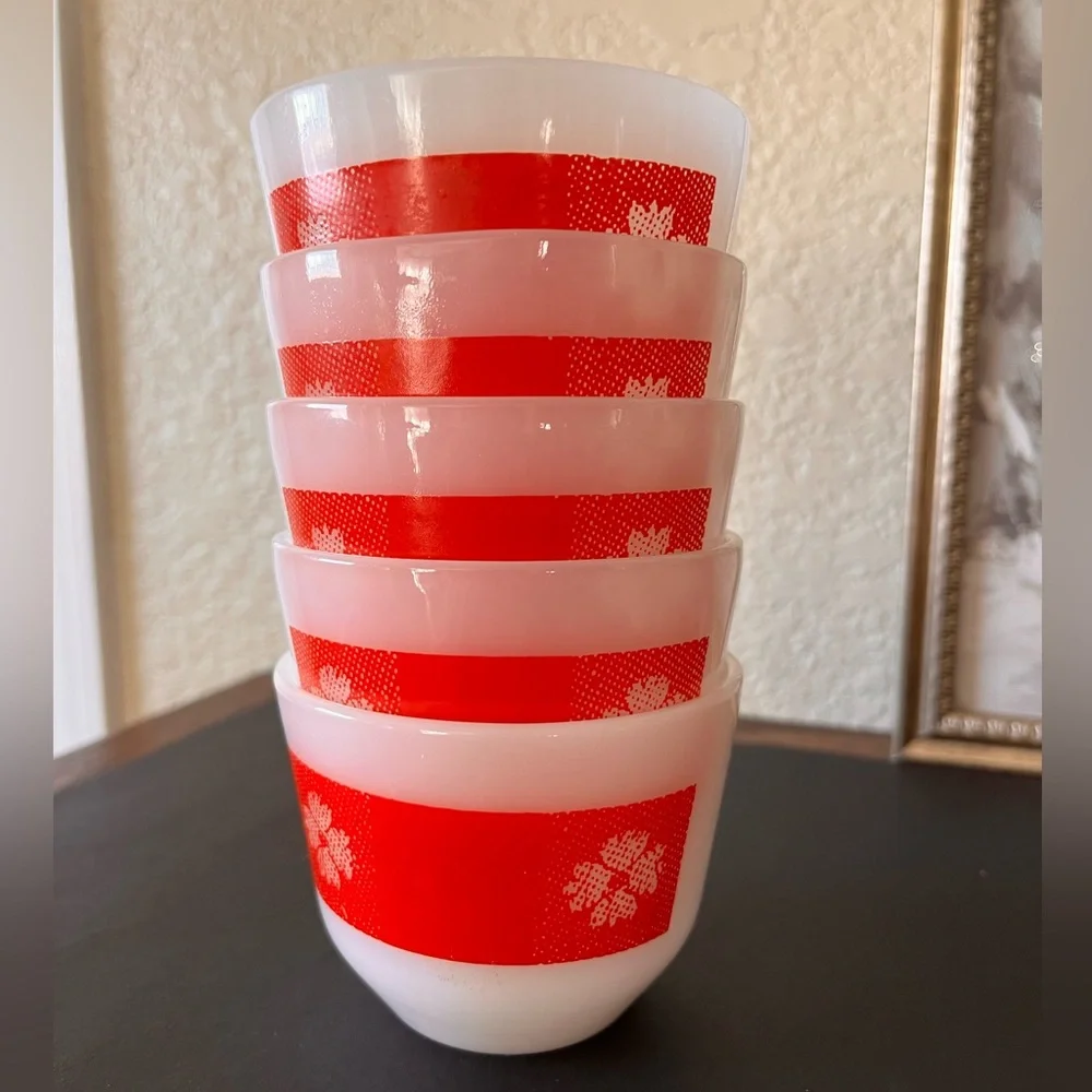 MCM Red Gingham Pudding Set by Federal Glass Co, Milk Glass